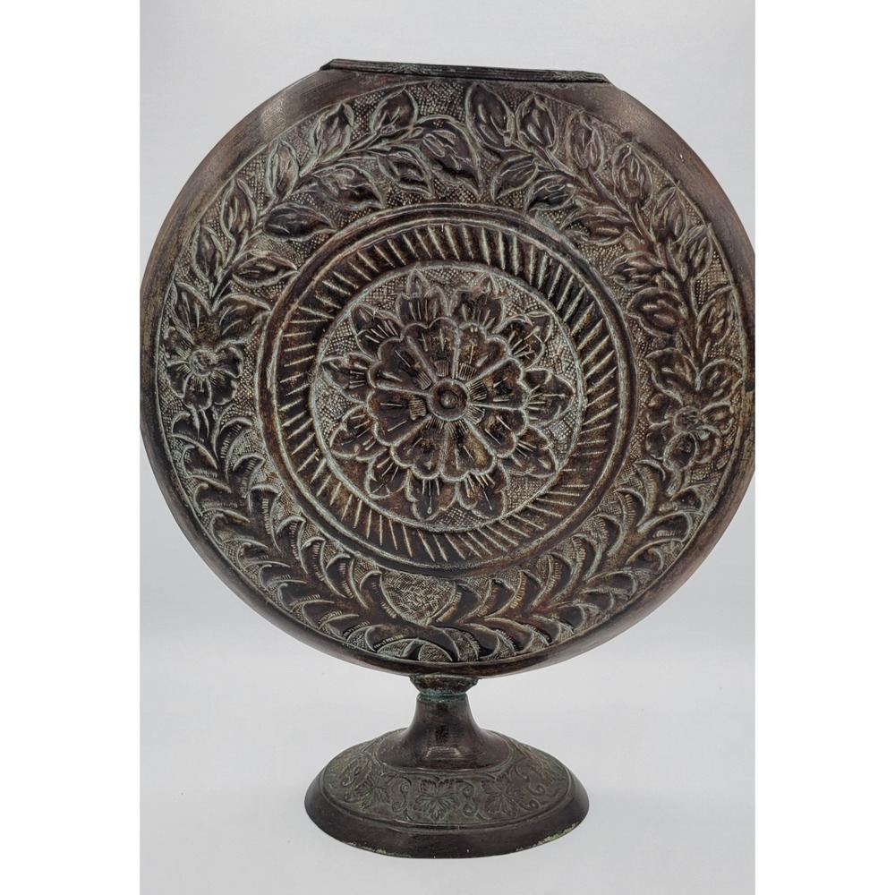 Rustic Medallion Oversized Round Metal Embossed Pedestal Vase 14.5x12.75x3 Brown